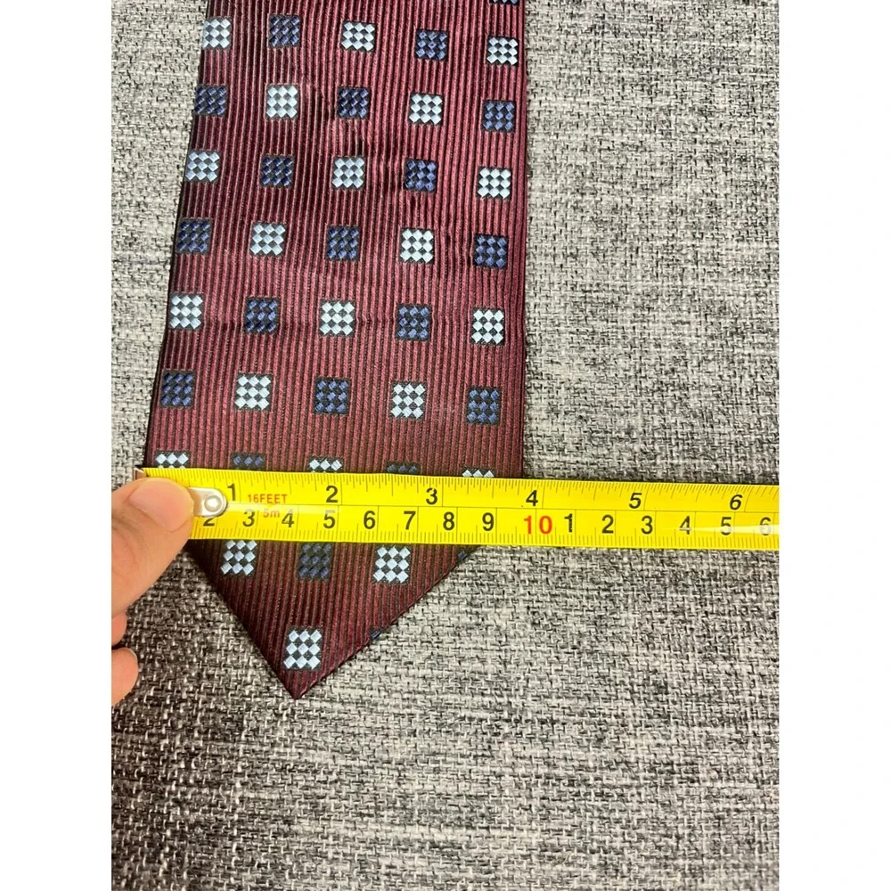 Joseph & Feiss Burgundy Silk Geometric Square Pattern Hand Made Necktie XL 63in